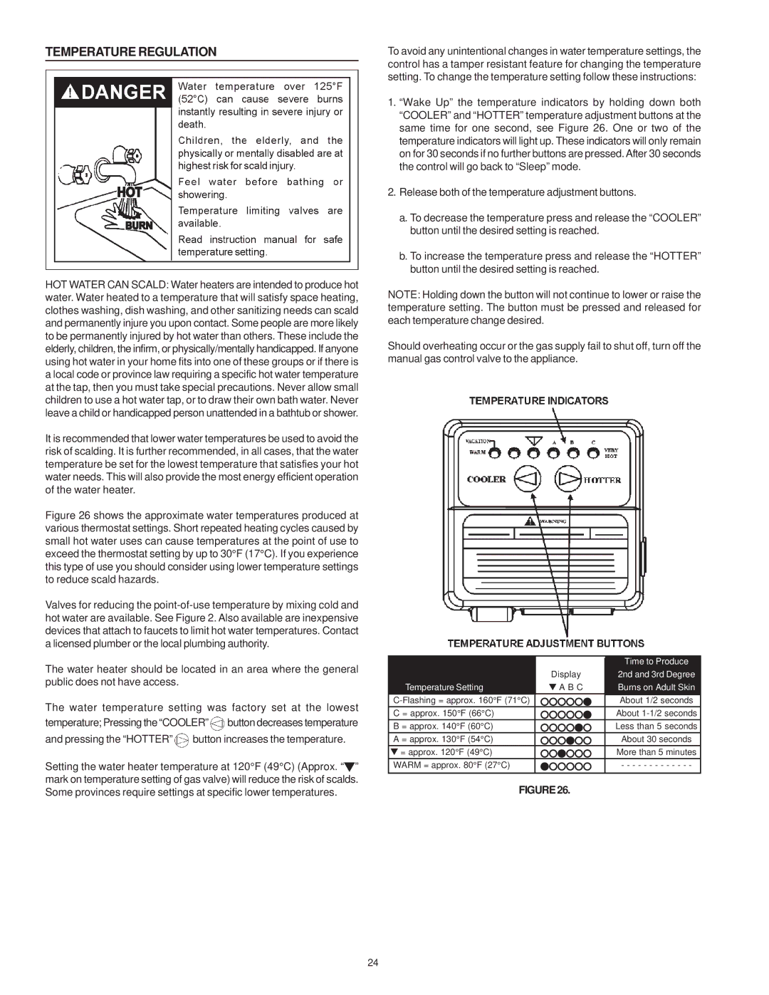 Maytag HV650HBVITCGA, HV640YBVITCGA, HV650YBVITCGA manual Temperature Regulation, Temperature Setting Burns on Adult Skin 