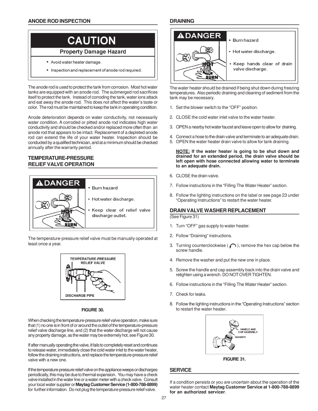Maytag HV640HBVITCGA, HV650HBVITCGA Anode ROD Inspection Draining, TEMPERATURE-PRESSURE Relief Valve Operation, Service 