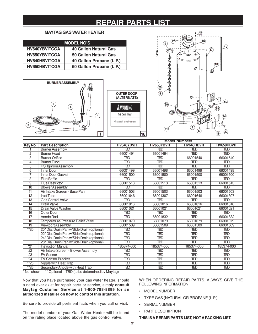 Maytag HV640HBVITCGA manual Repair Parts List, Maytag GAS Water Heater, HV640YBVITCGA, Burner Assembly Outer Door Alternate 