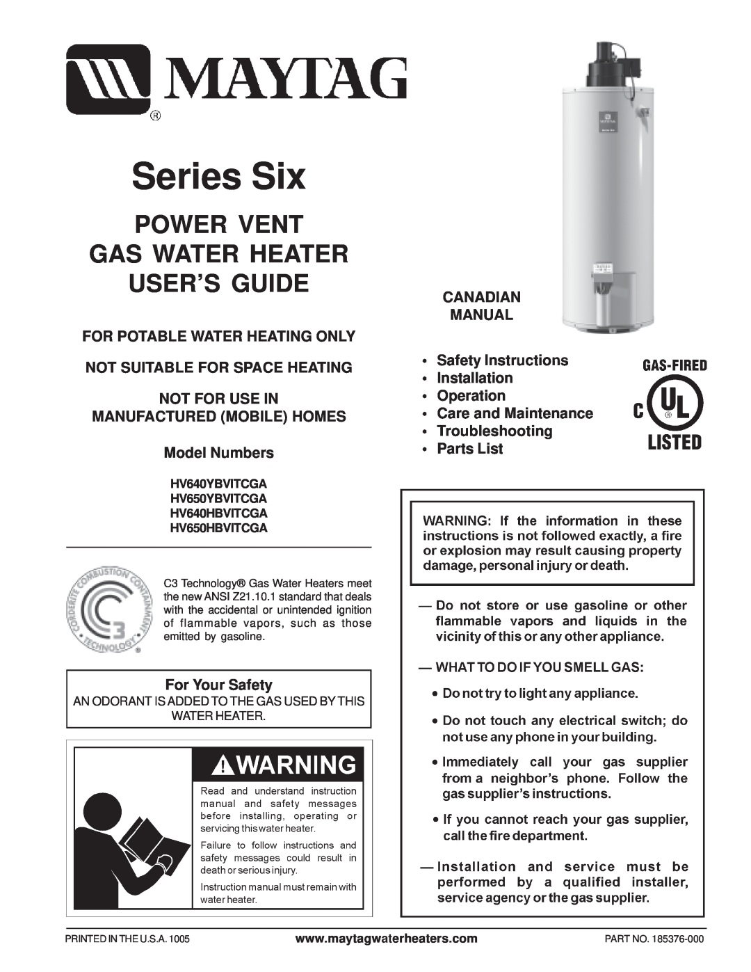 Maytag HV640YBVITCGA, HV650HBVITCGA, HV650YBVITCGA manual Series Six, Power Vent Gas Water Heater User’S Guide 