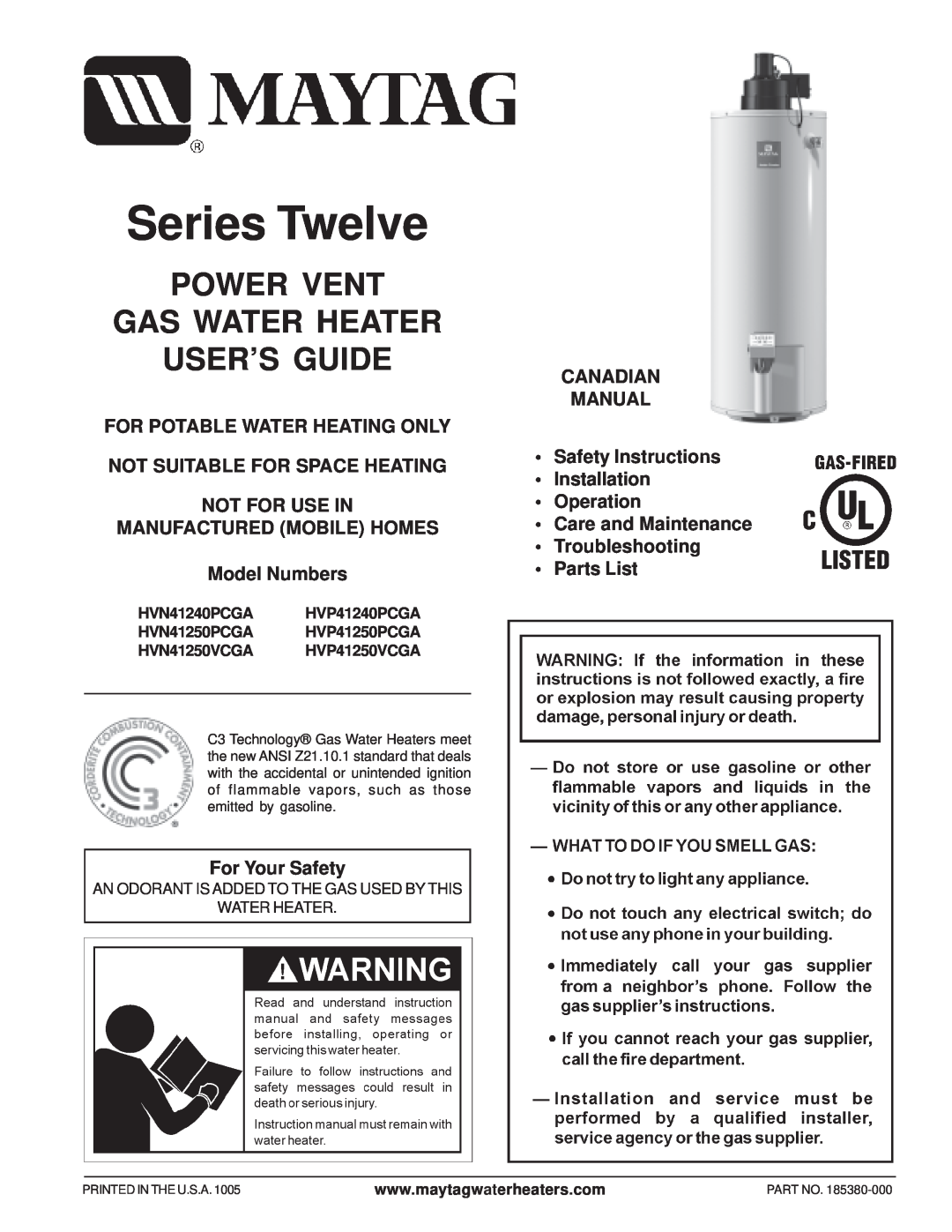 Maytag HVN41250PCGA, HVN41250VCGA, HVN41240PCGA, HVP41250PCGA manual Series Twelve, Power Vent Gas Water Heater User’S Guide 