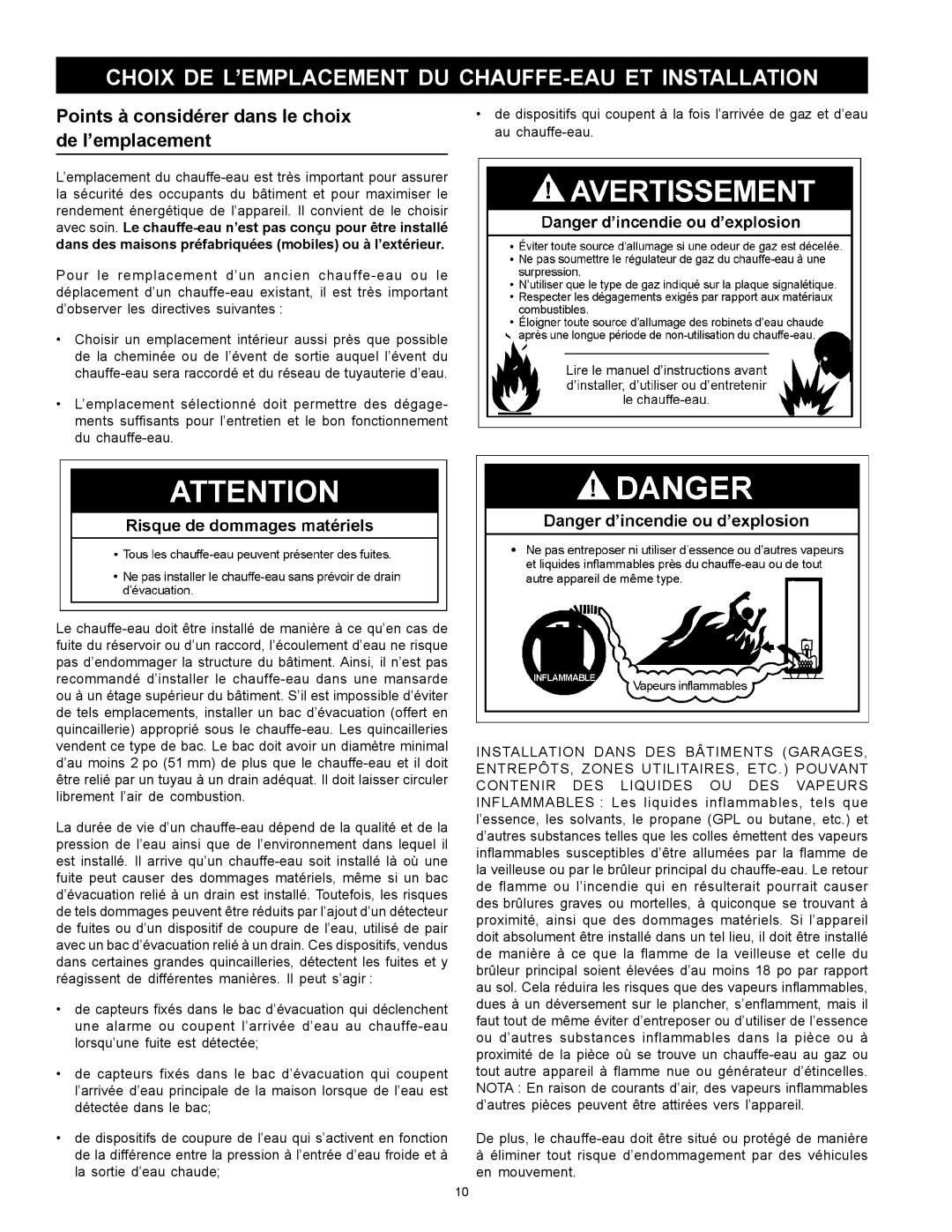 Maytag HXN4975S Choix DE L’EMPLACEMENT DU CHAUFFE-EAU ET Installation, Points à considérer dans le choix de l’emplacement 