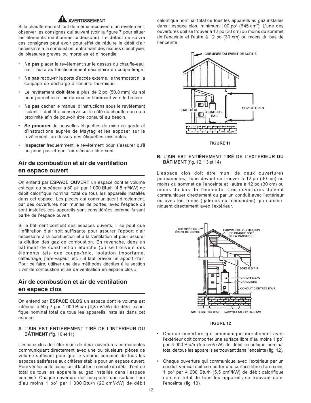 Maytag HXN4975S manual Air de combustion et air de ventilation en espace ouvert 