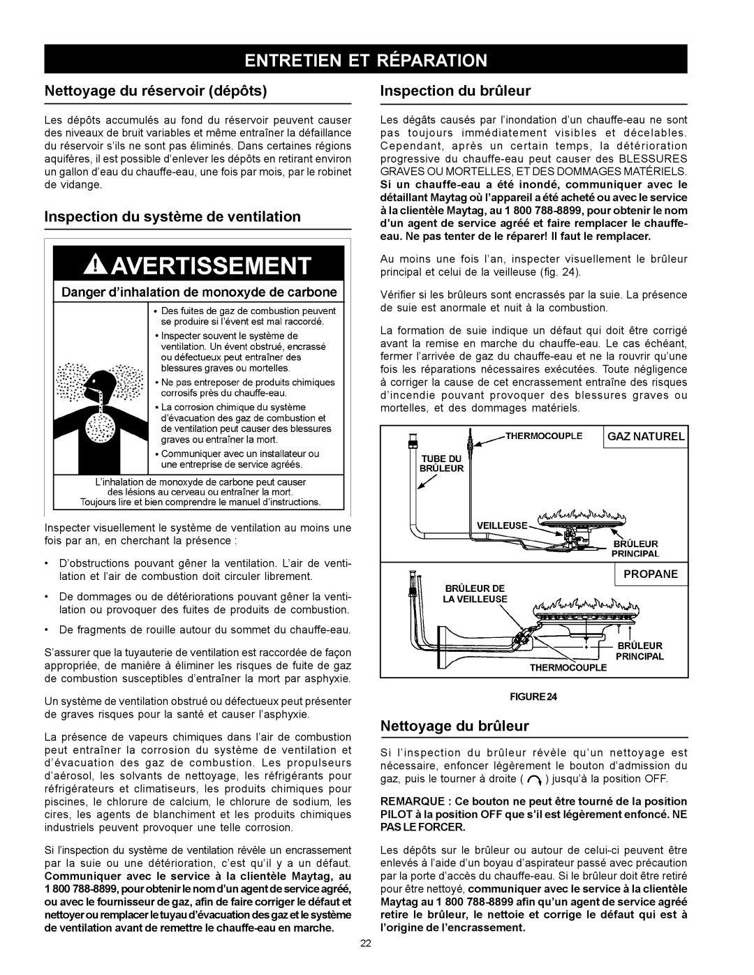 Maytag HXN4975S manual Entretien ET Réparation, Nettoyage du réservoir dépôts, Inspection du système de ventilation 