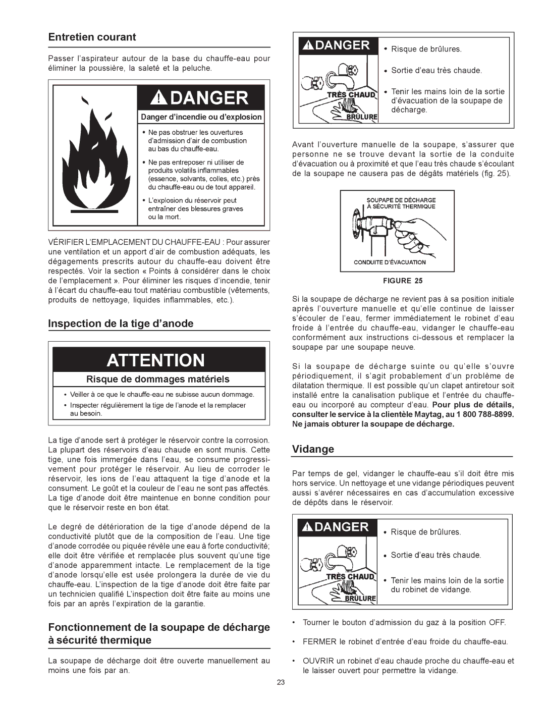 Maytag HXN4975S manual Entretien courant, Inspection de la tige d’anode, Vidange 