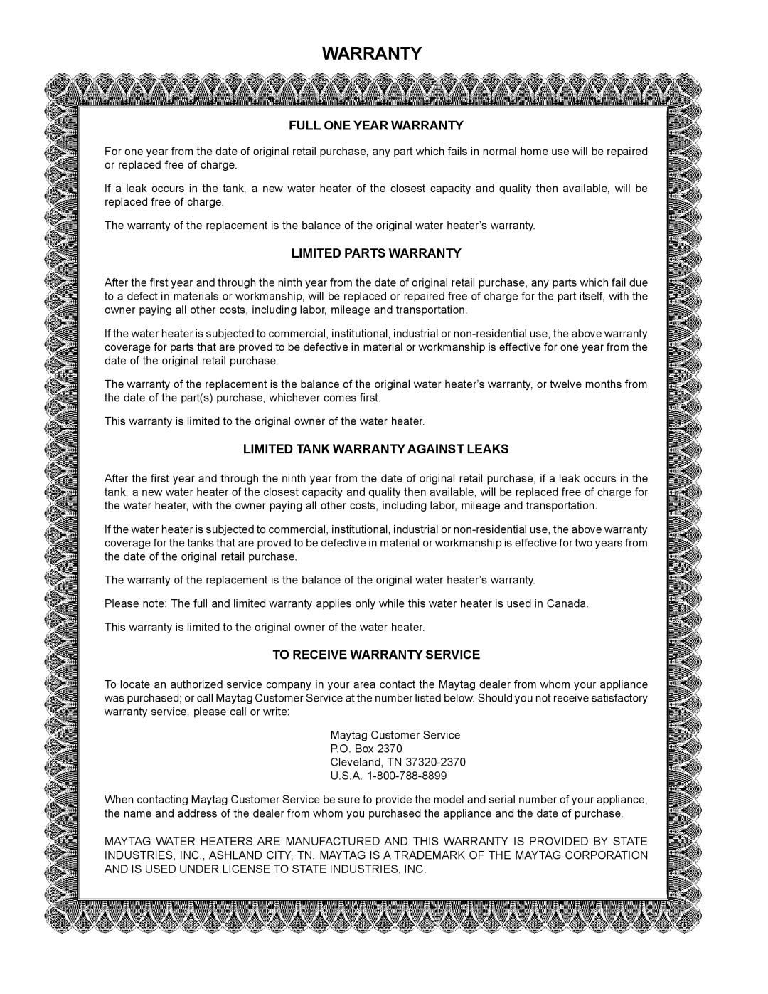 Maytag HXN4975S manual Full One Year Warranty, Limited Parts Warranty, Limited Tank Warranty Against Leaks 