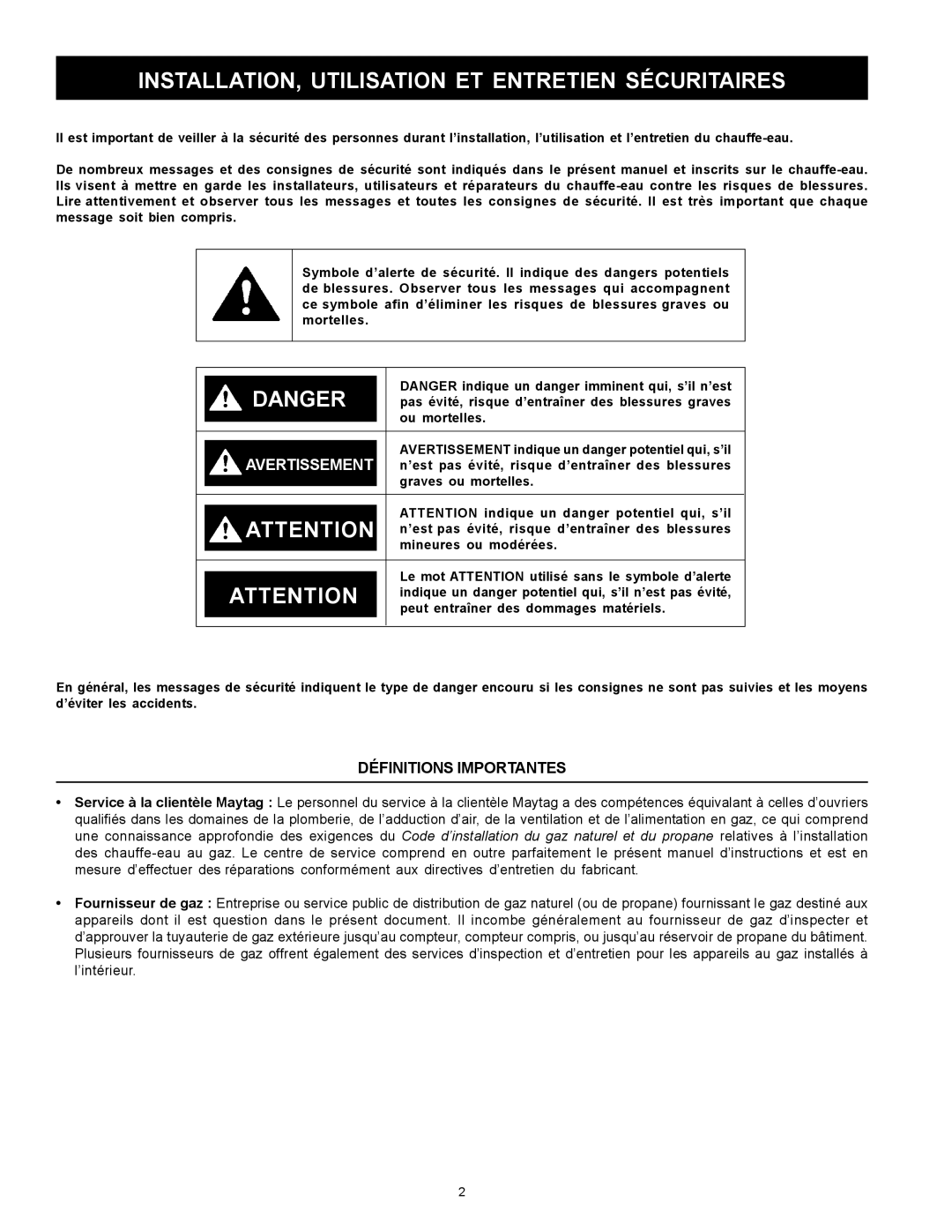 Maytag HXN4975S manual Avertissement, Définitions Importantes, Danger 
