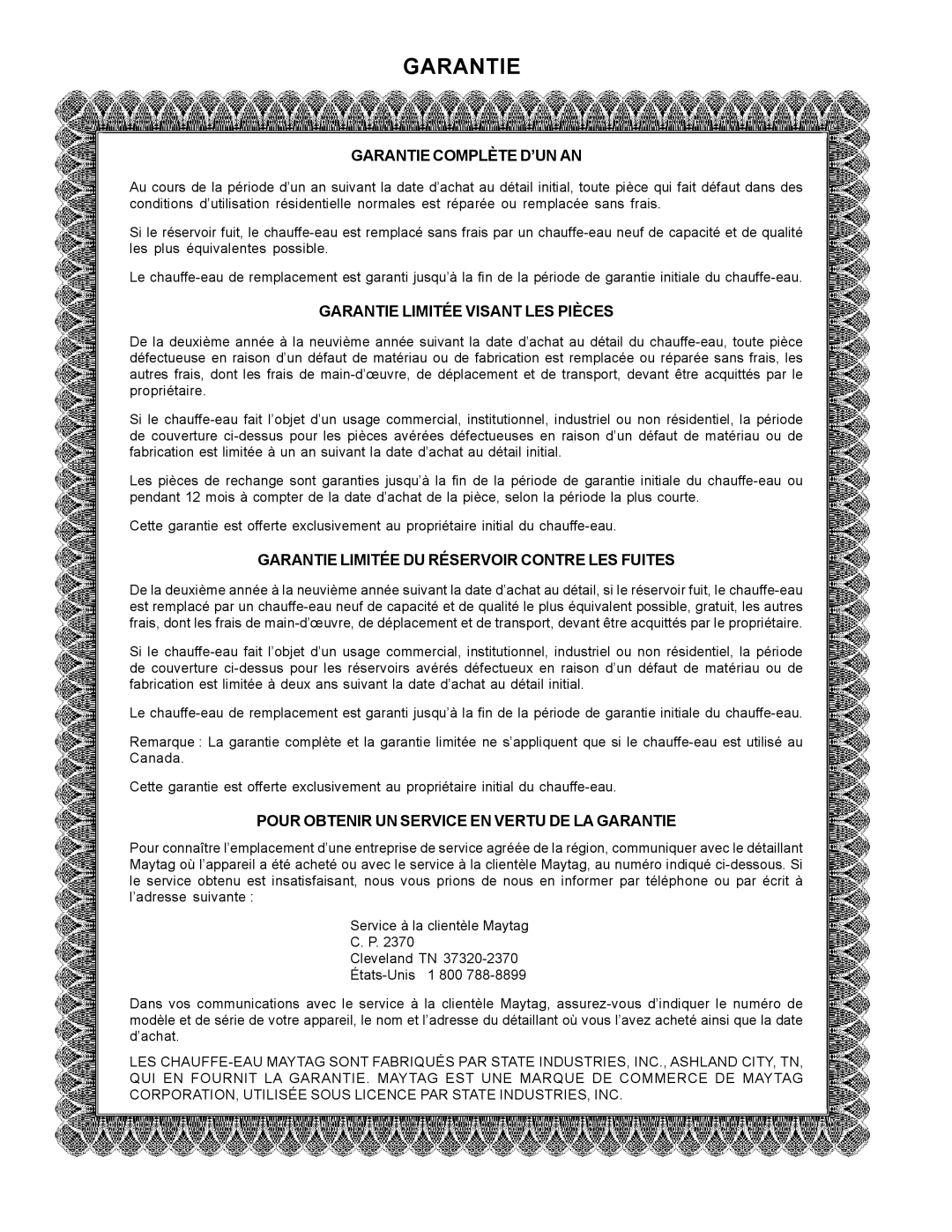 Maytag HXN4975S manual Garantie Complète D’Un An, Garantie Limitée Visant Les Pièces 