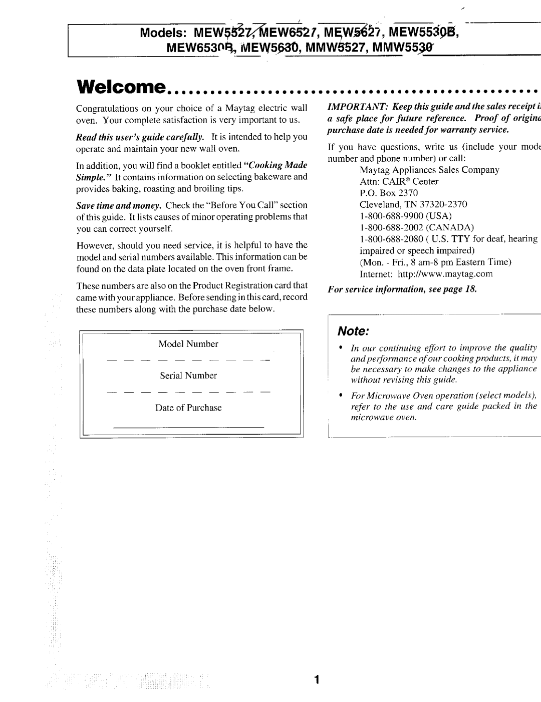 Maytag MEW557, IEW621, MEW55:3B, MEWED7 manual For service information, see, Refer to Use and care guide packed Microwave Oven 