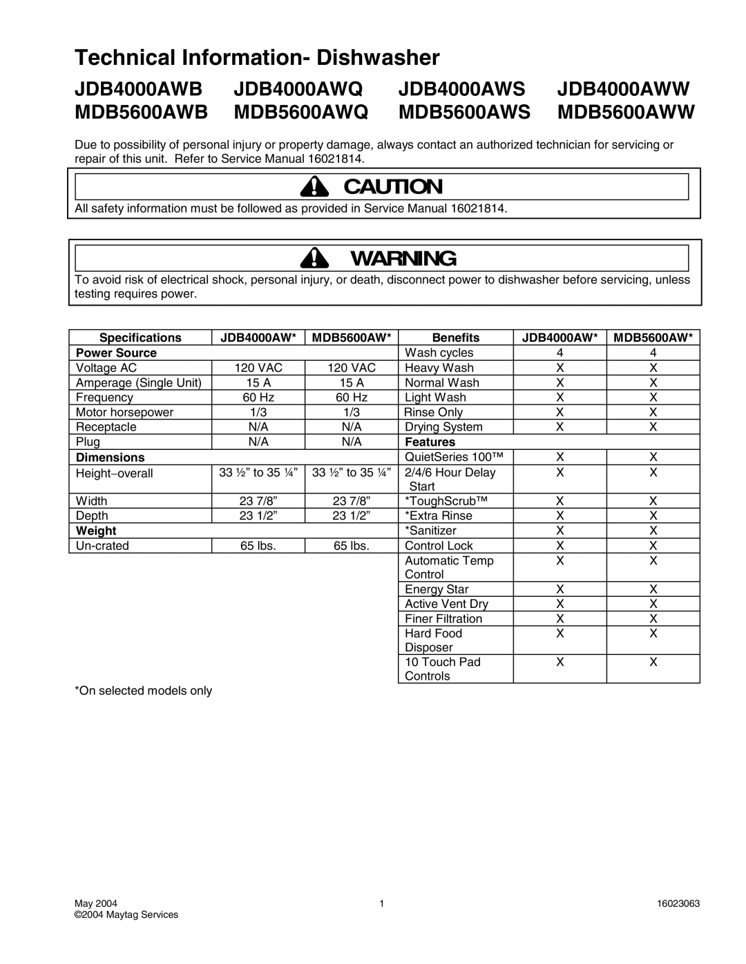 Maytag JDB4000AWW, JDB4000AWS, JDB4000AWQ, JDB4000AWB, MDB5600AWB, MDB5600AWW service manual Technical Information- Dishwasher 