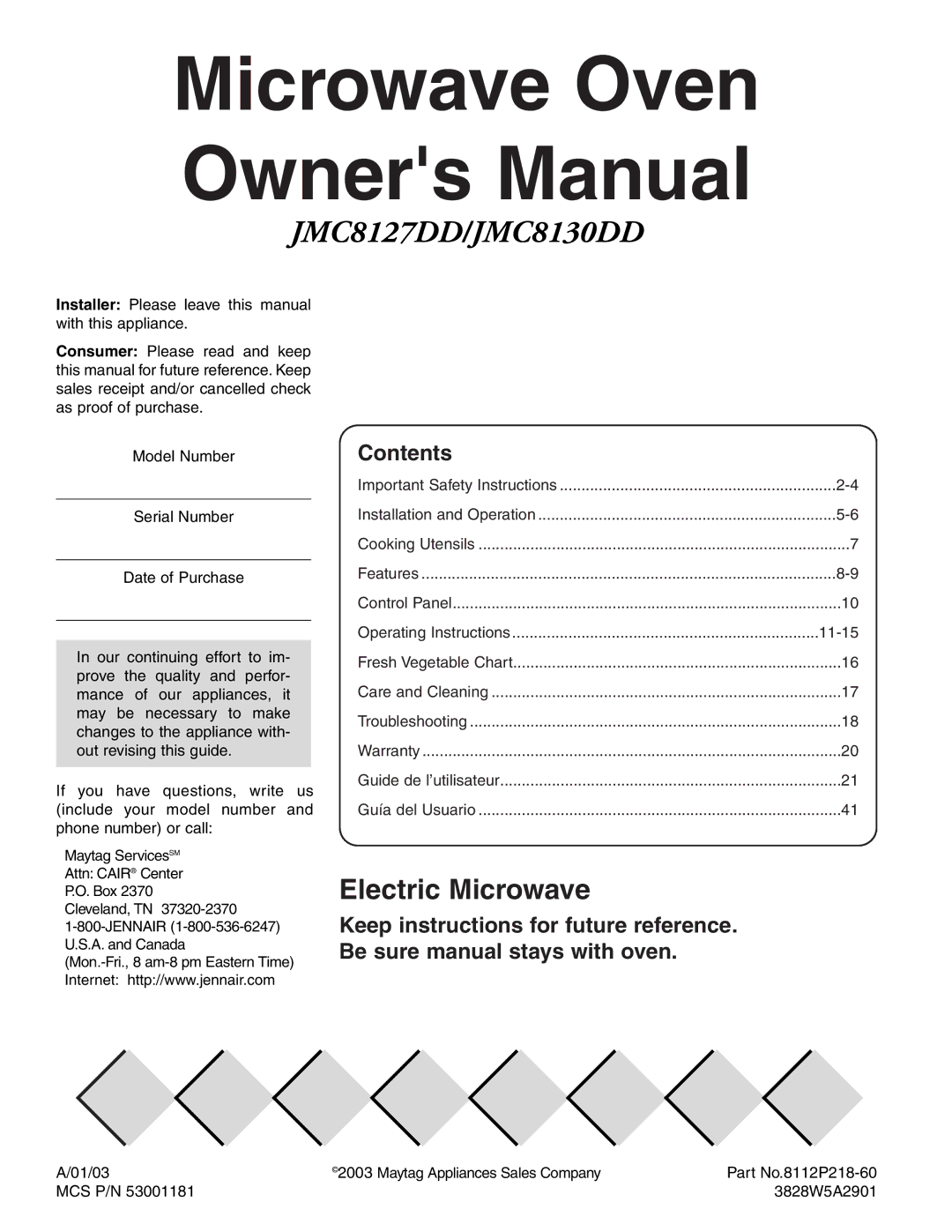 Maytag owner manual JMC8127DD/JMC8130DD, Contents 