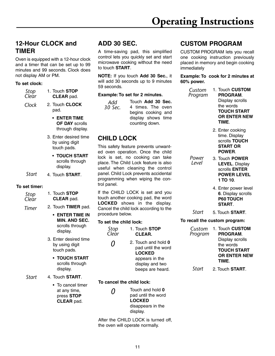 Maytag JMC8130DD, JMC8127DD owner manual Operating Instructions, Timer, ADD 30 SEC, Custom Program, Child Lock 