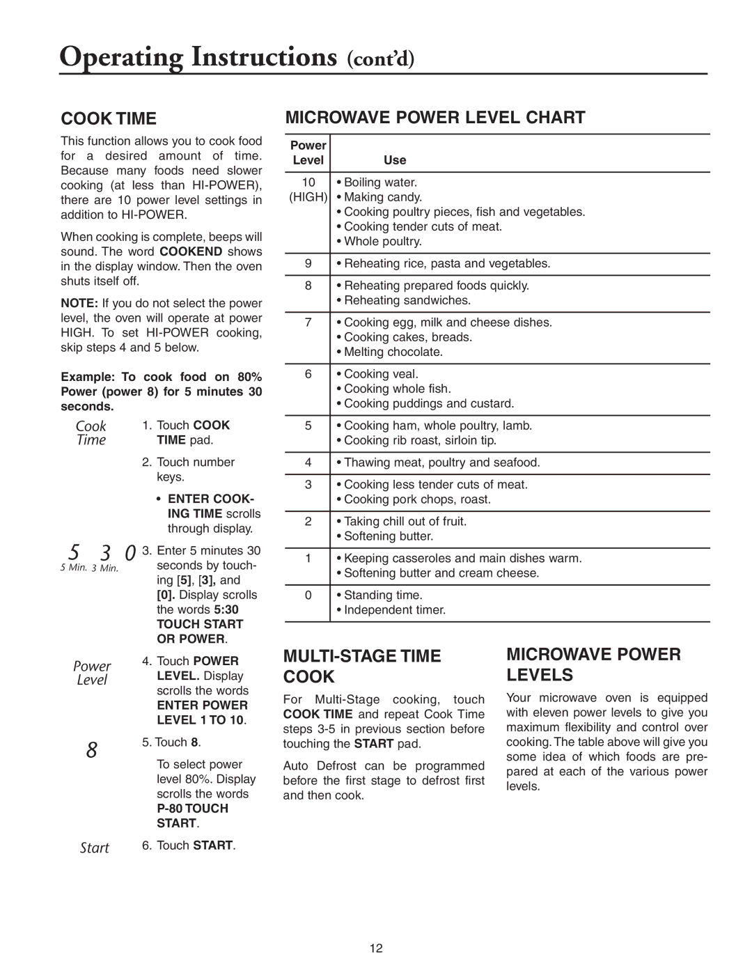 Maytag JMC8127DD, JMC8130DD Operating Instructions cont’d, Cook Time, Microwave Power Level Chart, MULTI-STAGE Time Cook 