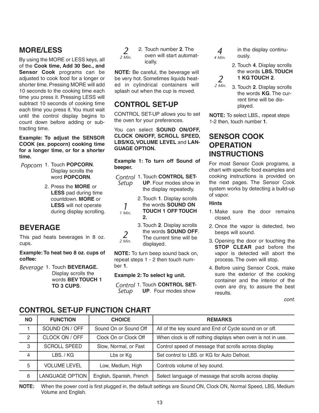 Maytag JMC8130DD, JMC8127DD More/Less, Beverage, Sensor Cook Operation Instructions, Control SET-UP Function Chart 