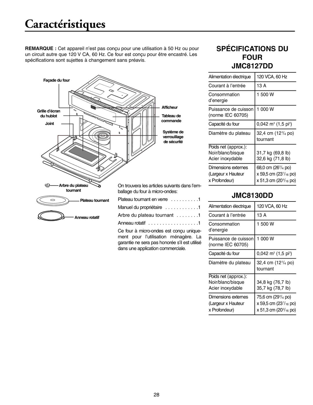 Maytag JMC8130DD owner manual Caractéristiques, Spécifications DU Four JMC8127DD 