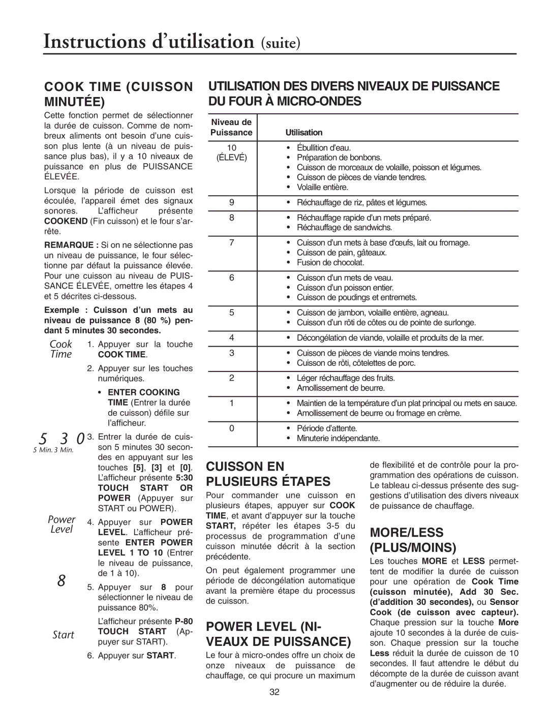 Maytag JMC8127DD Instructions d’utilisation suite, Cook Time Cuisson Minutée, Power Level NI- Veaux DE Puissance 