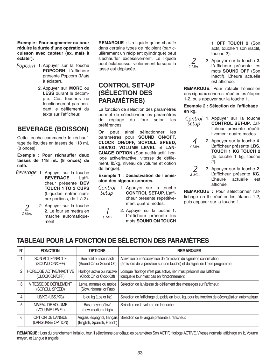 Maytag JMC8130DD, JMC8127DD Beverage Boisson, Tableau Pour LA Fonction DE Sélection DES Paramètres, Touch 1 KG Touch 