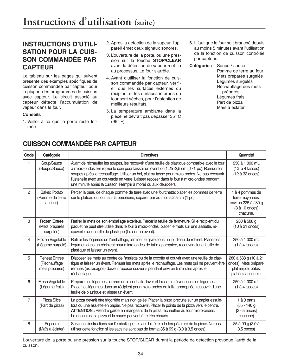 Maytag JMC8127DD, JMC8130DD owner manual Cuisson Commandée PAR Capteur, Conseils, Code Catégorie Directives Quantité 