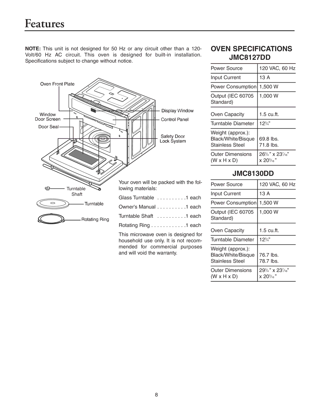 Maytag owner manual Features, Oven Specifications JMC8127DD, JMC8130DD 