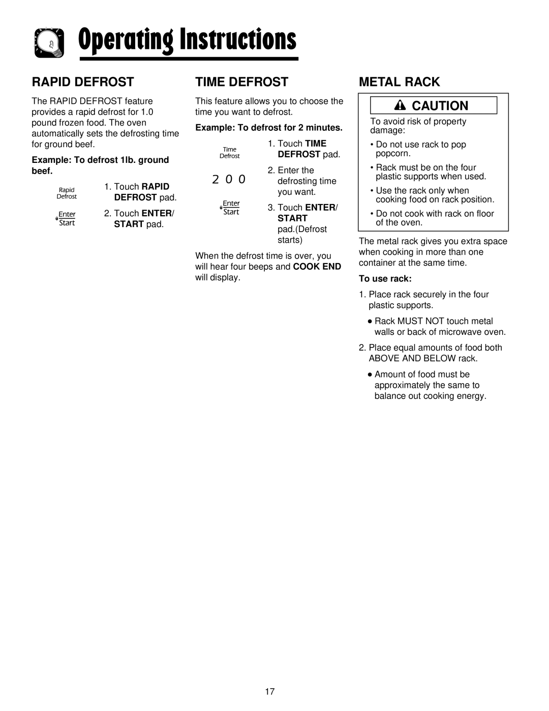 Maytag JMV8208AA/AC important safety instructions Rapid Defrost, Time Defrost, Metal Rack 