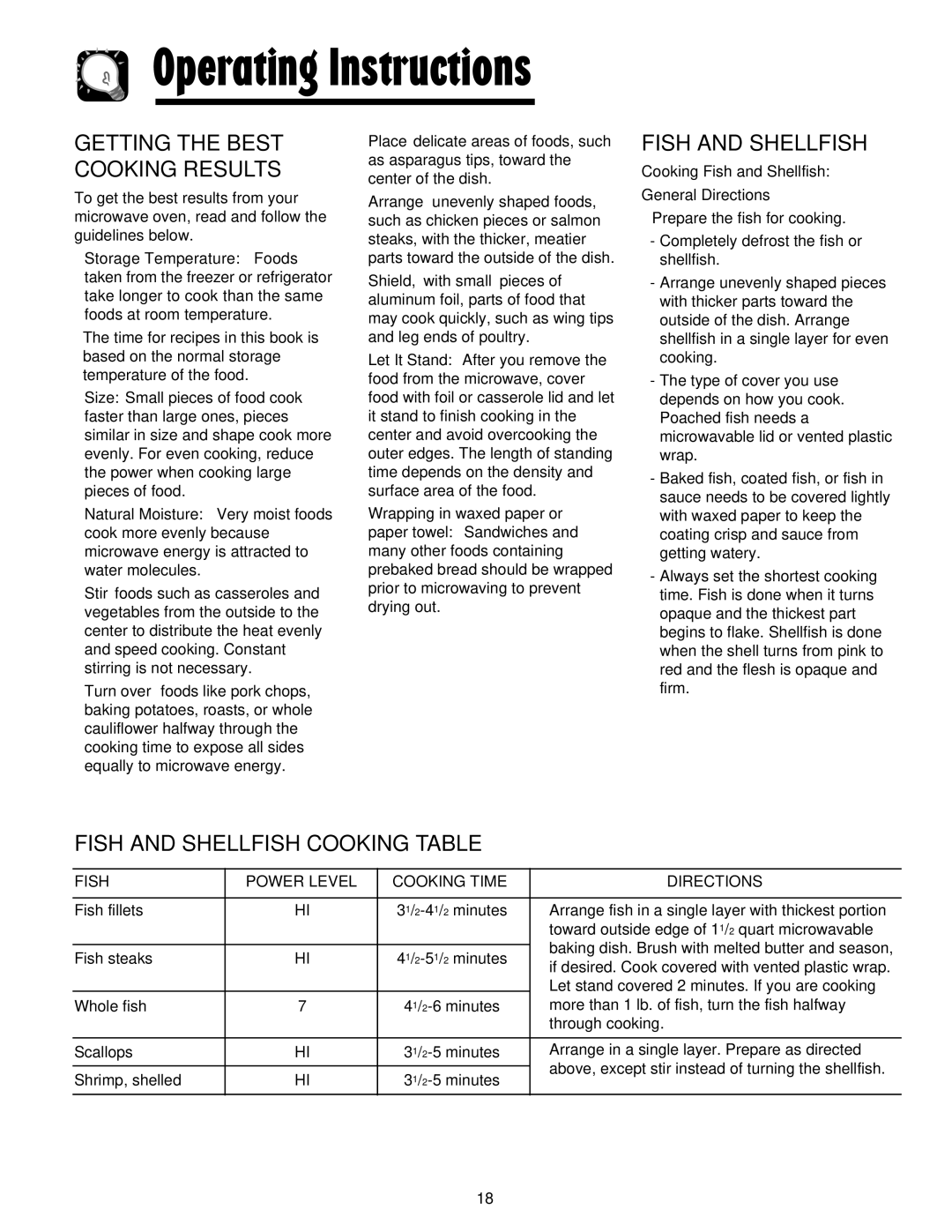 Maytag JMV8208AA/AC important safety instructions Fish and Shellfish Cooking Table, Getting the Best Cooking Results 