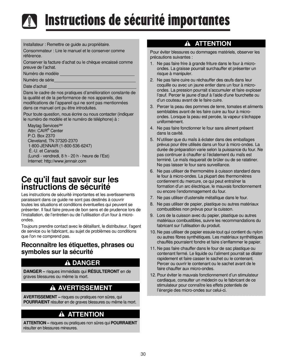 Maytag JMV8208AA/AC important safety instructions Instructions de sécurité importantes 