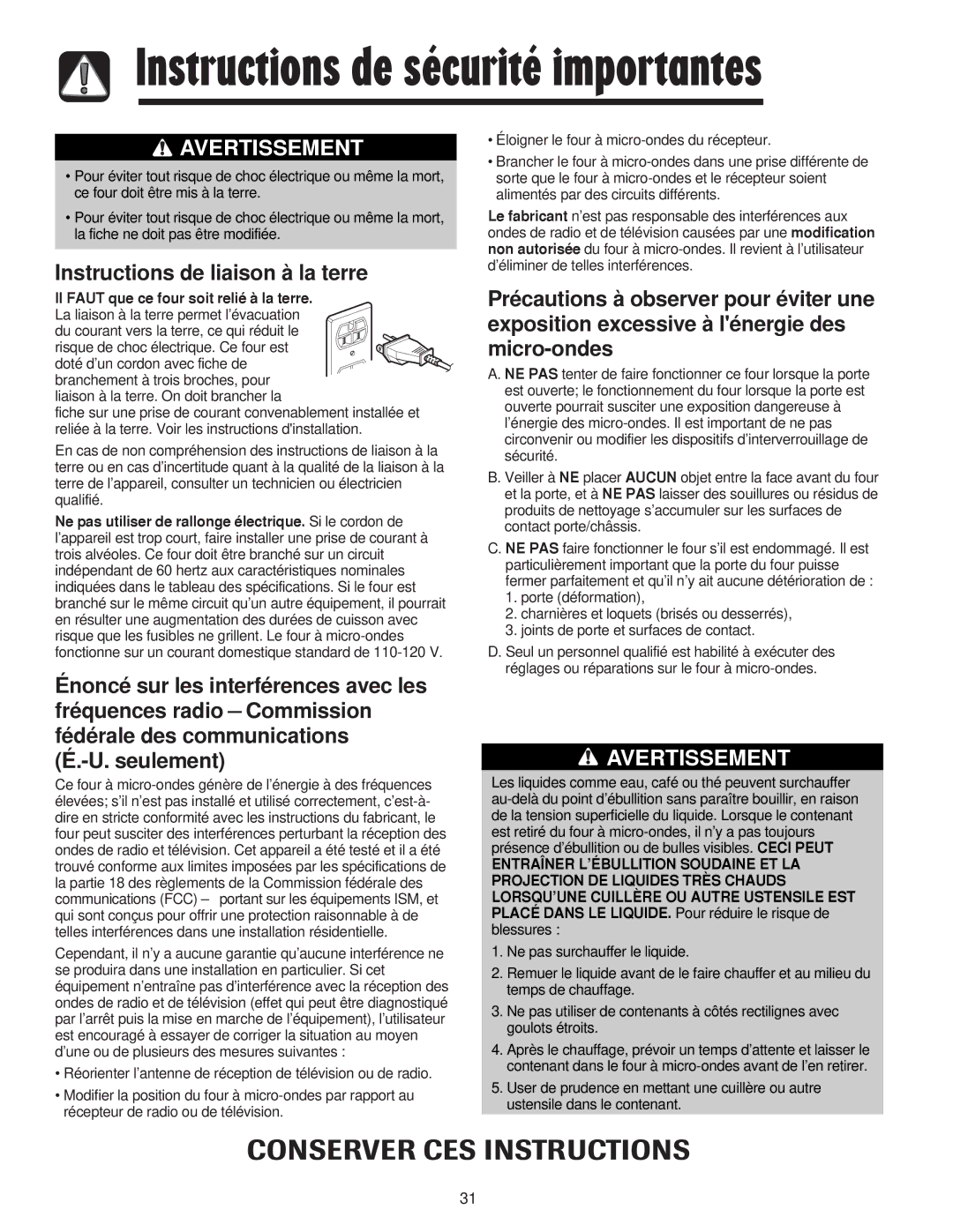 Maytag JMV8208AA/AC Instructions de liaison à la terre, LI Faut que ce four soit relié à la terre 