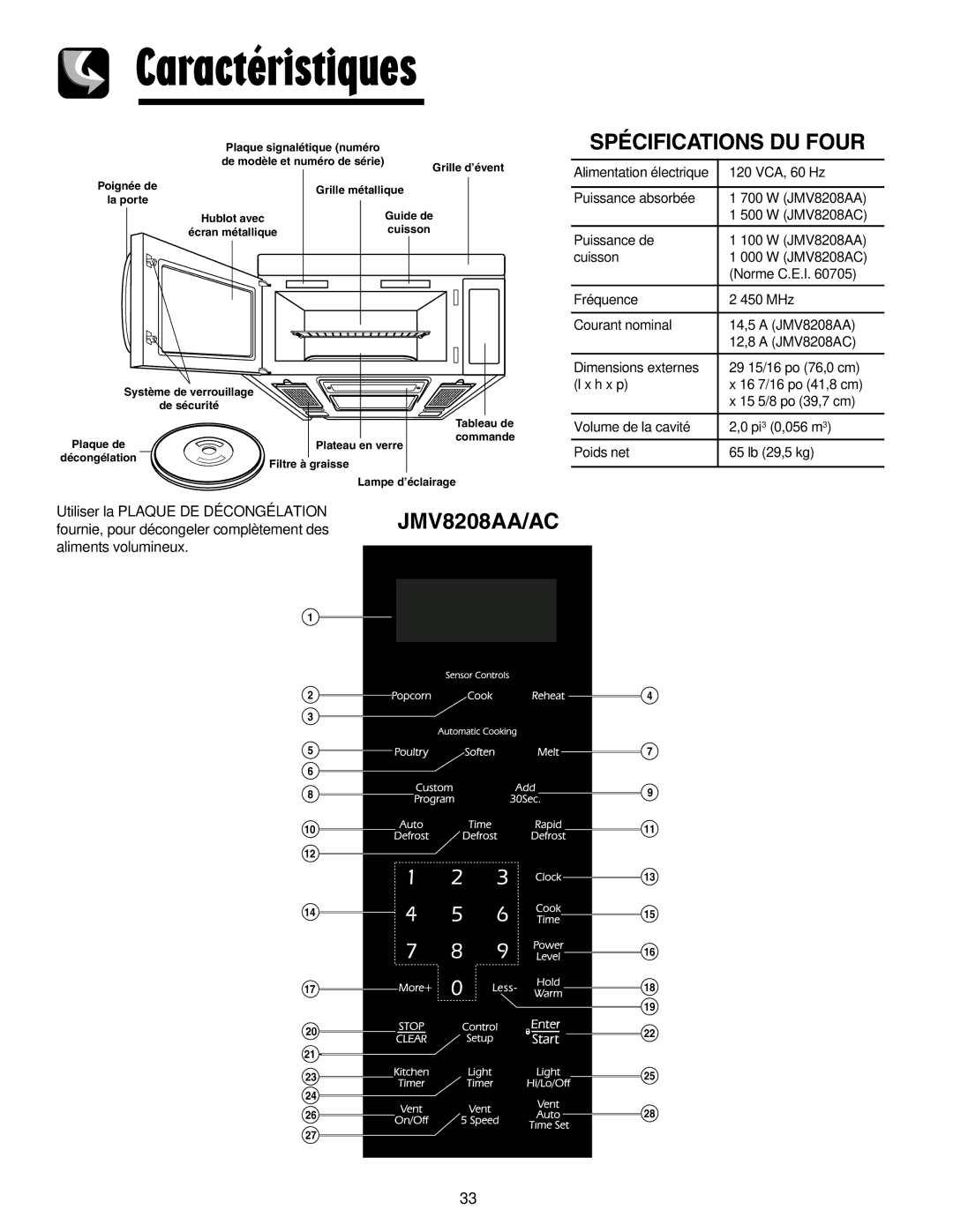 Maytag JMV8208AA/AC important safety instructions Caractéristiques, Spécifications DU Four 