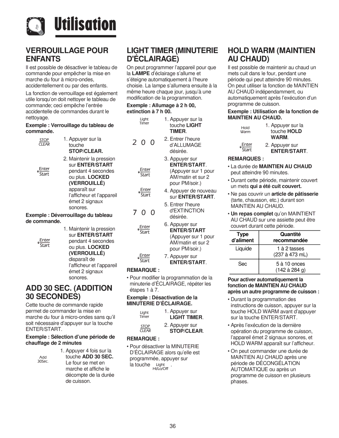 Maytag JMV8208AA/AC Verrouillage Pour Enfants, Hold Warm Maintien AU Chaud, ADD 30 SEC. Addition 30 Secondes 