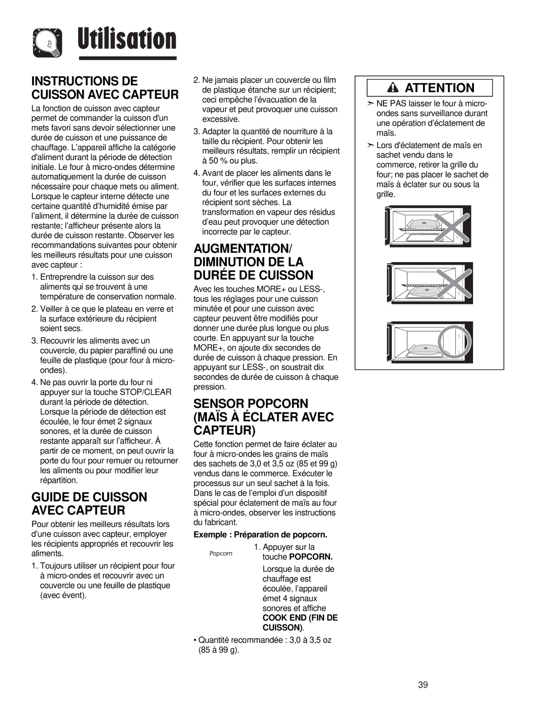 Maytag JMV8208AA/AC Sensor Popcorn Maïs À Éclater Avec Capteur, Guide DE Cuisson Avec Capteur, Cook END FIN DE Cuisson 