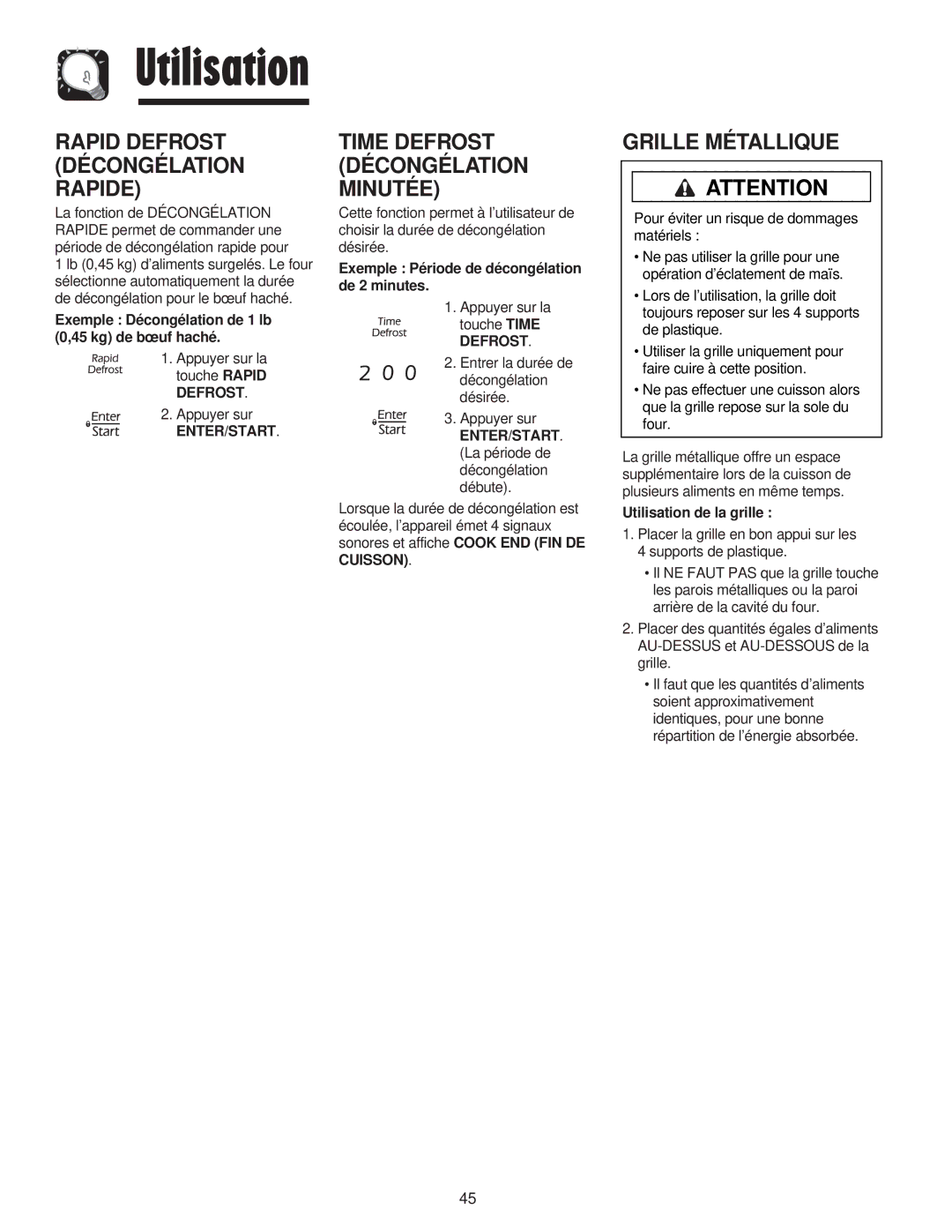 Maytag JMV8208AA/AC Grille Métallique, Exemple Décongélation de 1 lb 0,45 kg de bœuf haché, Utilisation de la grille 