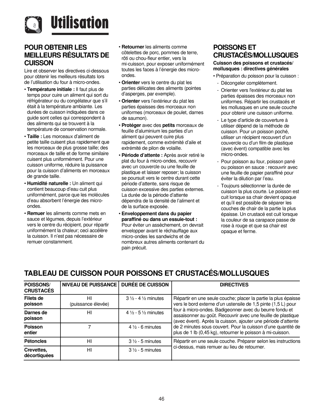 Maytag JMV8208AA/AC Tableau DE Cuisson Pour Poissons ET CRUSTACÉS/MOLLUSQUES, Durée DE Cuisson Directives Crustacés 