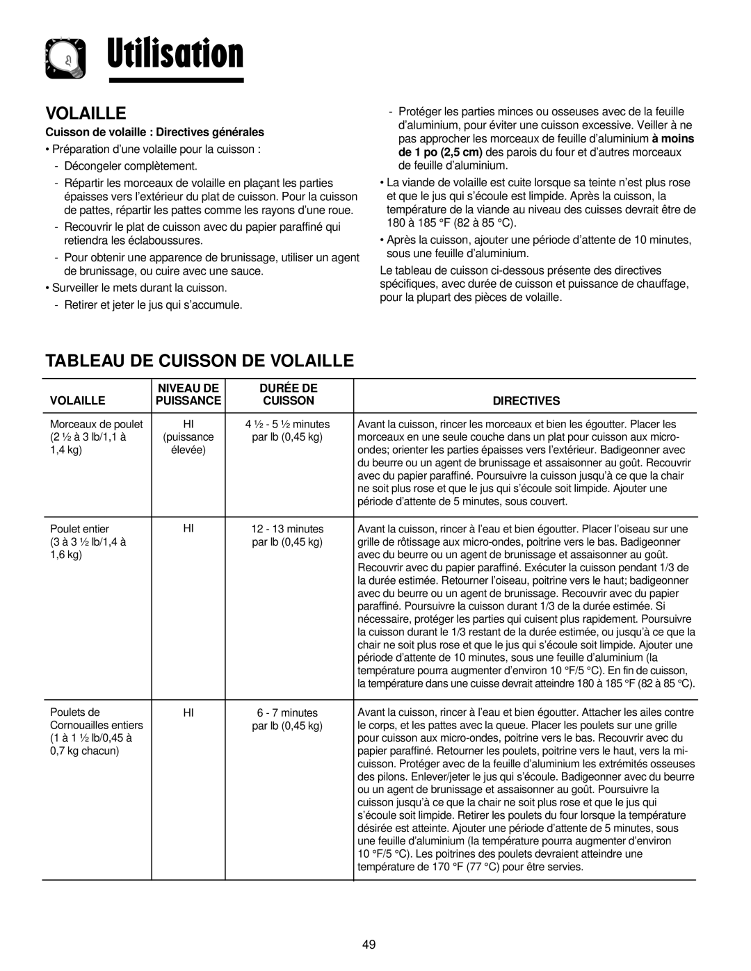 Maytag JMV8208AA/AC Tableau DE Cuisson DE Volaille, Cuisson de volaille Directives générales 