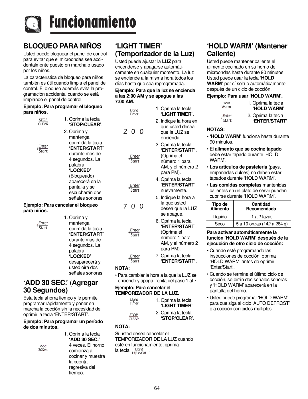 Maytag JMV8208AA/AC important safety instructions Bloqueo Para Niños, ‘HOLD WARM’ Mantener Caliente 