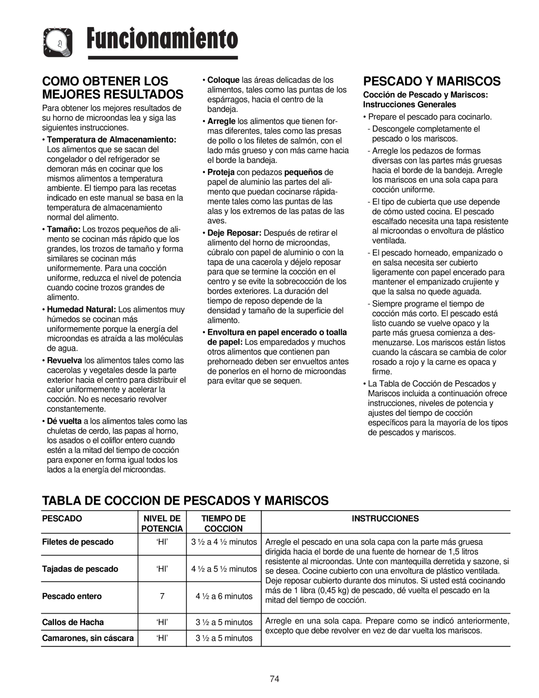 Maytag JMV8208AA/AC Pescado Y Mariscos, Tabla DE Coccion DE Pescados Y Mariscos, Pescado Nivel DE Tiempo DE Instrucciones 