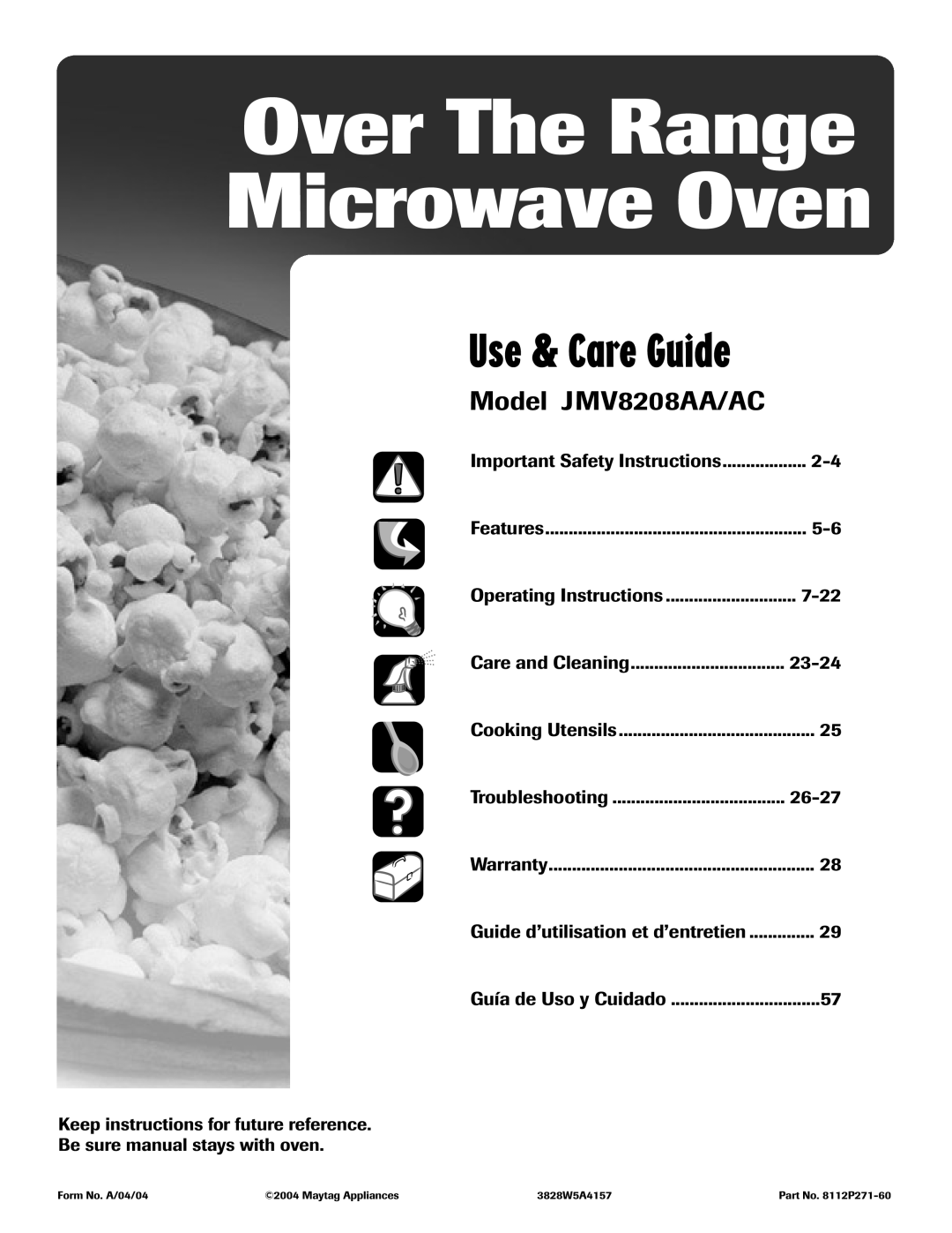 Maytag important safety instructions Over The Range Microwave Oven, Model JMV8208AA/AC, Use & Care Guide 