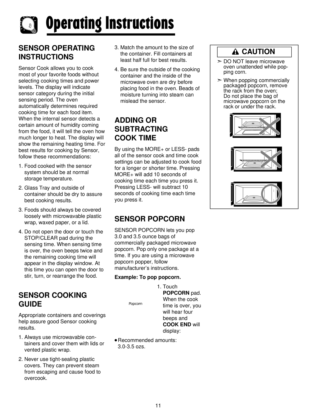 Maytag JMV8208AA/AC Sensor Operating Instructions, Sensor Cooking Guide, Adding Or Subtracting Cook Time, Sensor Popcorn 