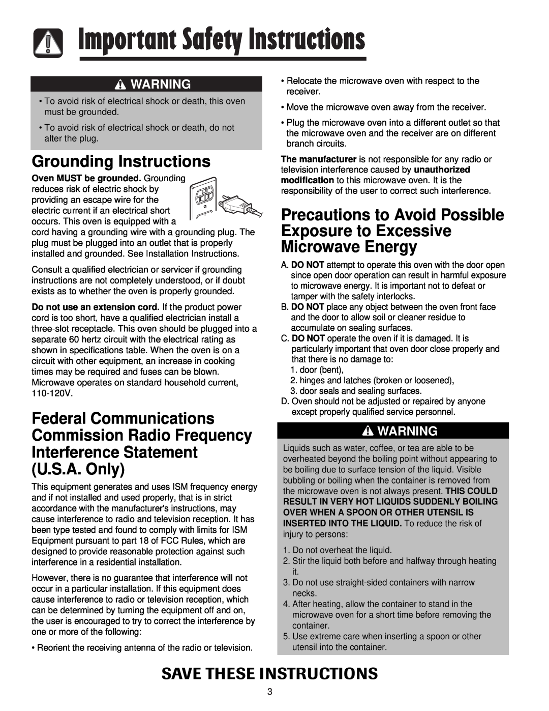 Maytag JMV8208AA/AC Grounding Instructions, Federal Communications Commission Radio Frequency, Save These Instructions 