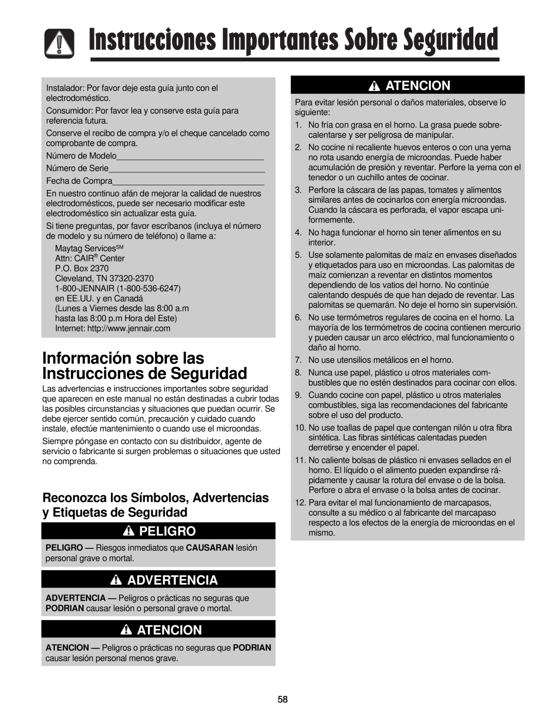Maytag JMV8208AA/AC important safety instructions Instrucciones Importantes Sobre Seguridad, Peligro, Advertencia, Atencion 