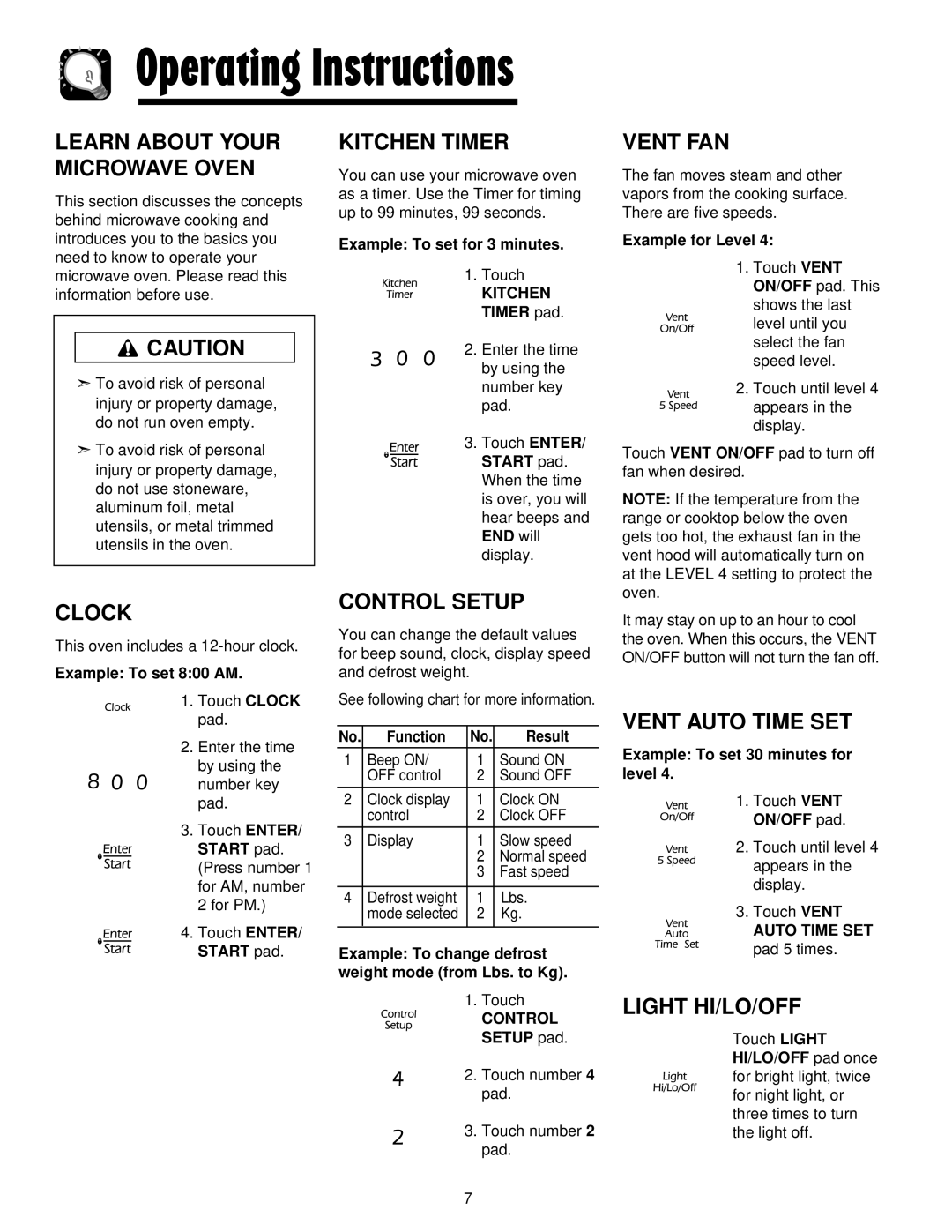 Maytag JMV8208AA/AC Operating Instructions, Learn About Your Microwave Oven, Kitchen Timer, Vent Fan, Clock, Control Setup 