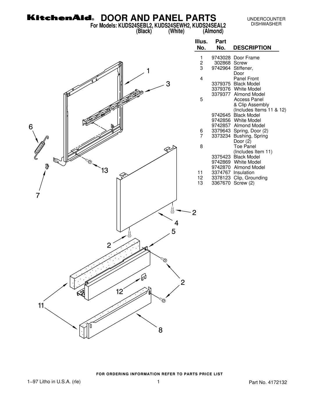 Maytag KUDS24SEAL2, KUDS24SEBL2, KUDS24SEWH2 manual Door and Panel Parts, Illus. Part No. No. Description 