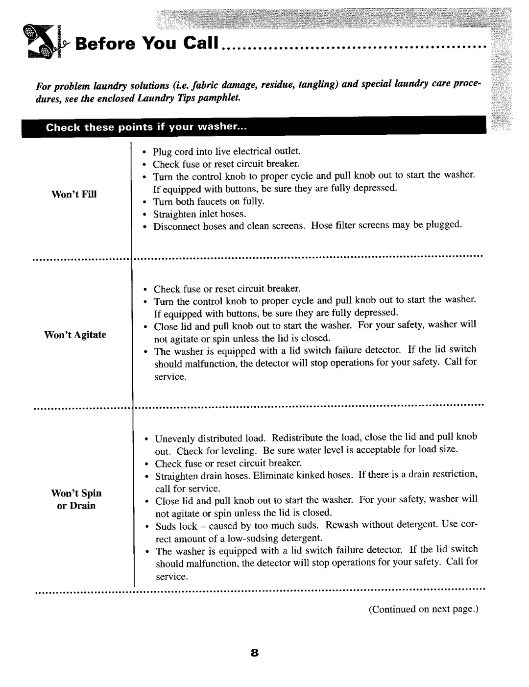 Maytag LAT8016, LAT1916, LAT8026, LAT9206, LAT8106, LAT8006 manual Before You Call, Check these oints if your washer 