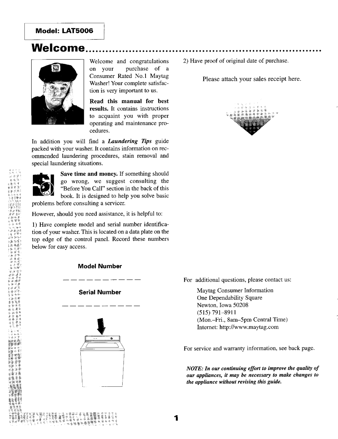 Maytag LAT5006 warranty Welcome, Serial Nu mber 