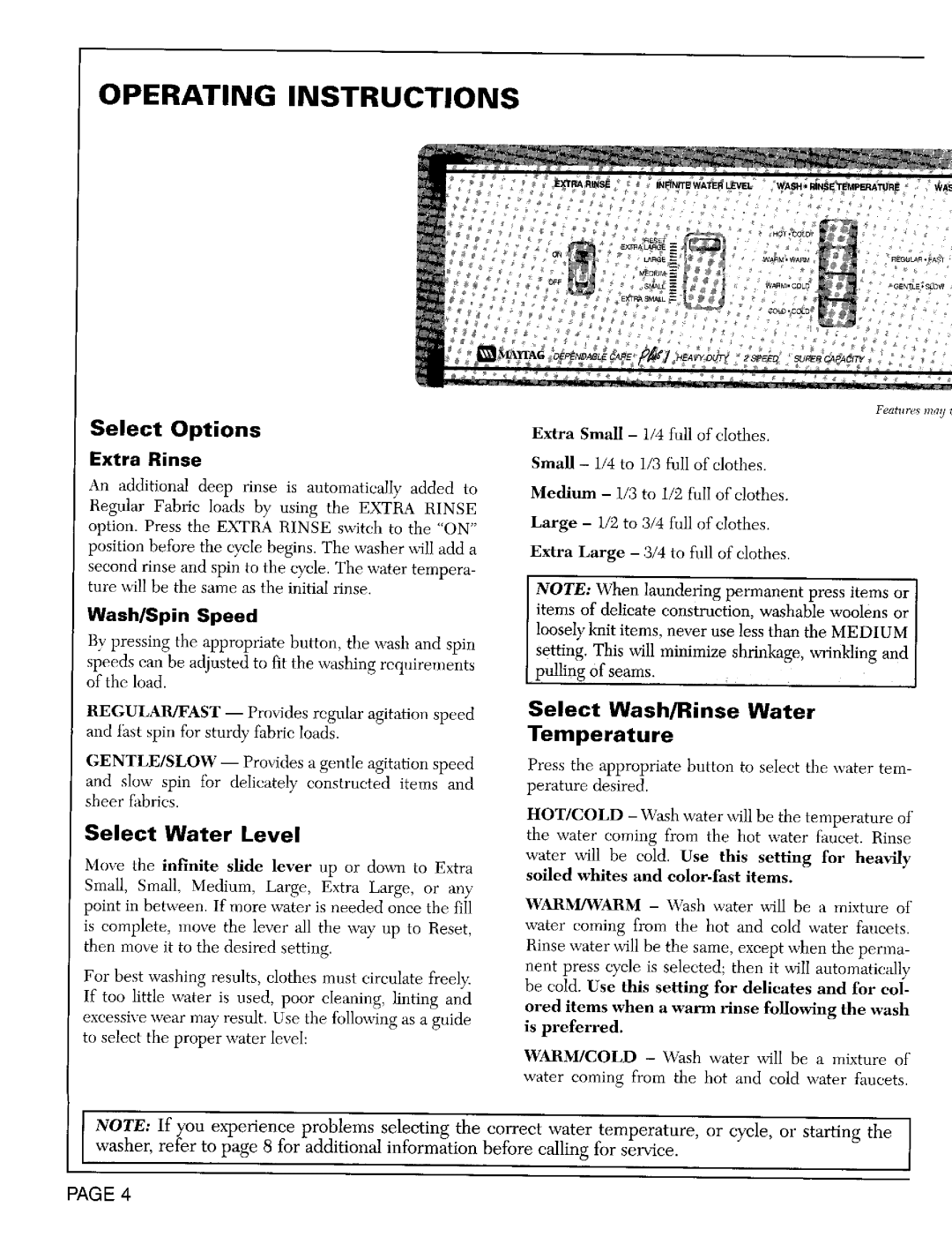 Maytag LAT8804, LAT8824 Operating Instructions, Select Options, Select Water Level, Select Wash/Rinse Water, Temperature 