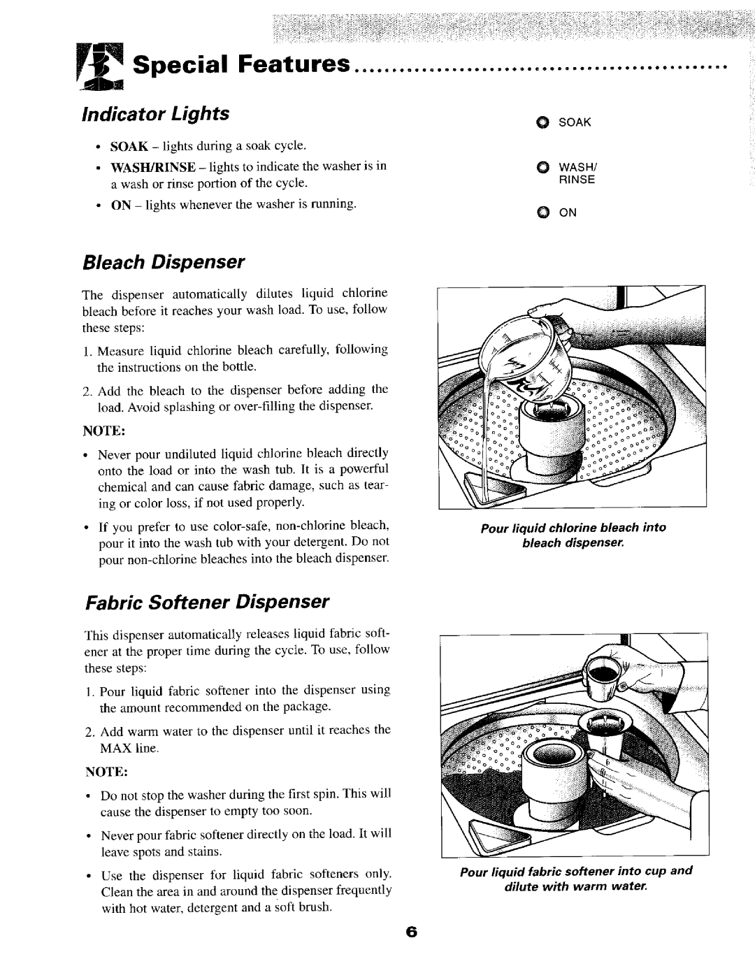 Maytag LAT9757, LAT9706, LAT8816, LAT8826 warranty Indicator Lights, Bleach Dispenser, Fabric Softener Dispenser 