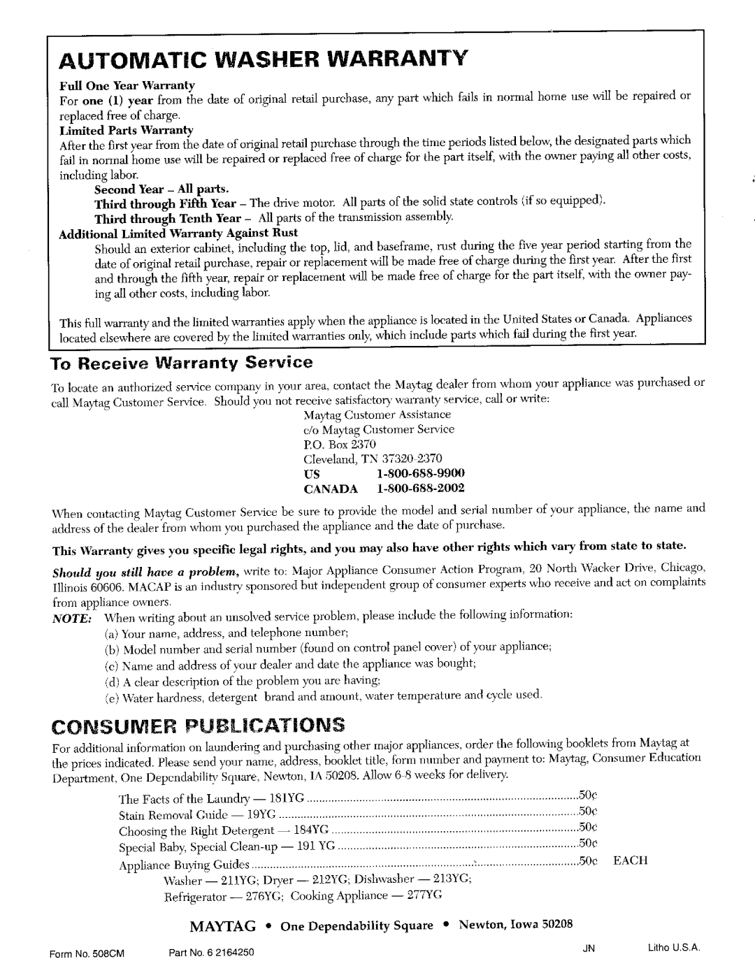 Maytag LAT6914, LAT9824, LAT8904, LAT9804 operating instructions Automatic Washer Warranty, To Receive Warranty Service 