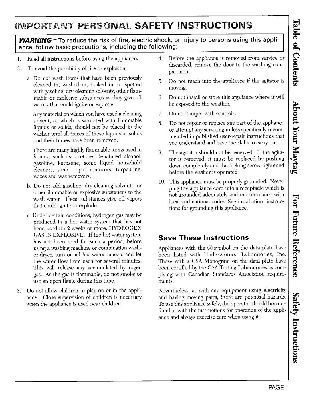 Maytag LAT9804, LAT9824, LAT8904, LAT6914 operating instructions Pefsonal Safety Instructions 