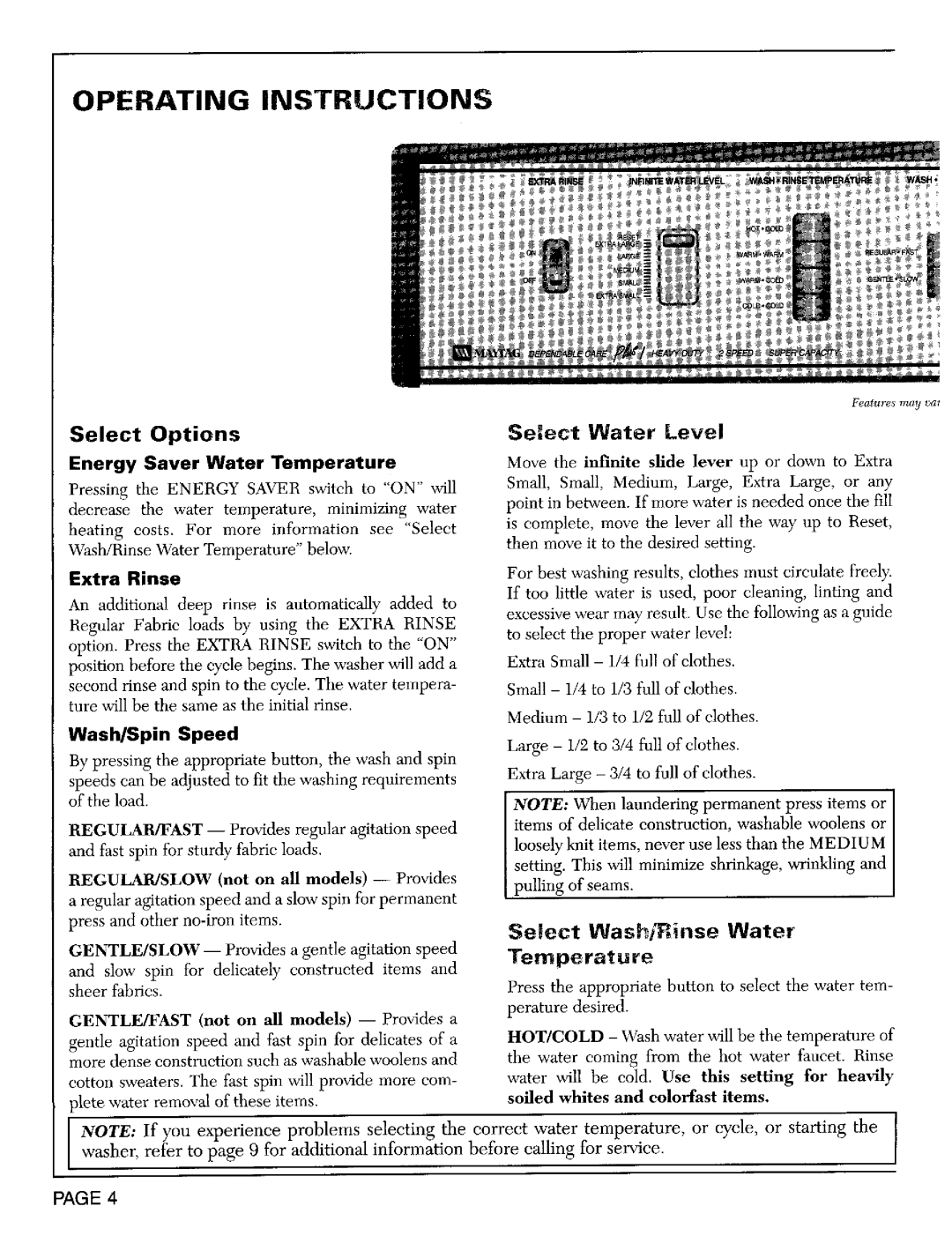 Maytag LAT8904 Operating Instructions, Select Wash/Rinse Water Temperature, Select Options Energy Saver Water Temperature 