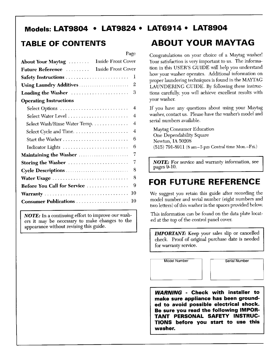 Maytag operating instructions Models LAT9804 LAT9824 LAT6914 LAT8904, Table Of Contents, About Your Maytag, pages, 9-10 