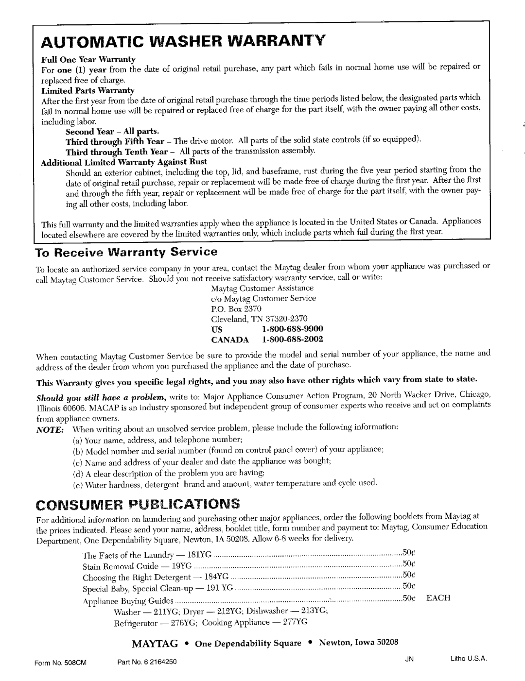 Maytag LAT6914, LAT9824, LAT8904 Automatic Washer Warranty, Consumer Publications, To Receive Warranty Service, 50 ¢, Ea Ch 